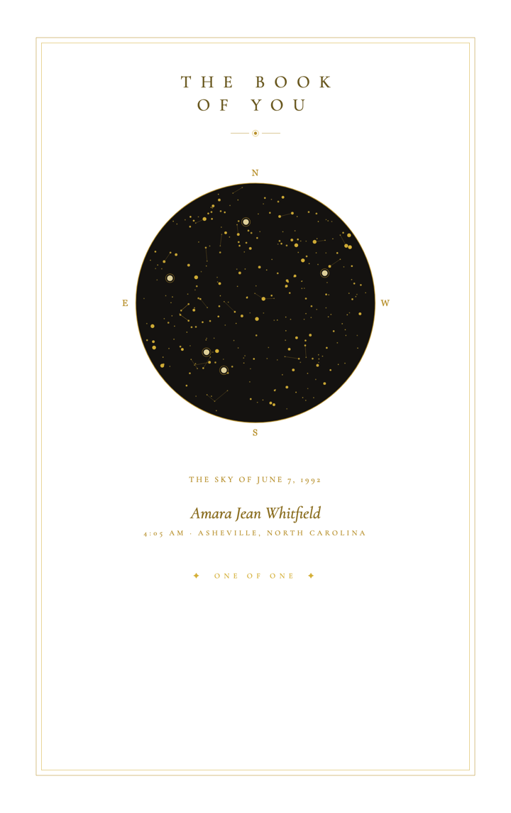 A Book of You cover — a birth sky drawn in gold on white, one of one