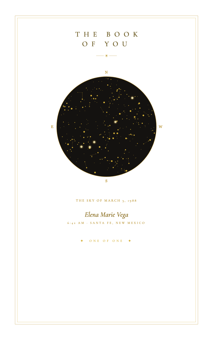 A Book of You cover — a birth sky drawn in gold on white, one of one