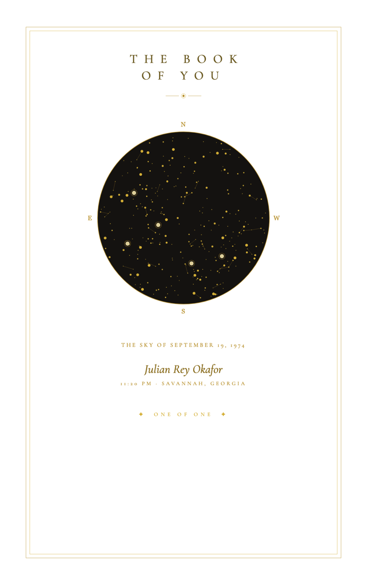 A Book of You cover — a birth sky drawn in gold on white, one of one